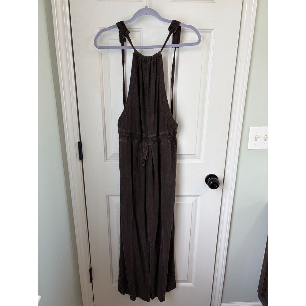 Free People Linen Blend Chocolate Boho Open Back Tie Waist Jumpsuit Size XS